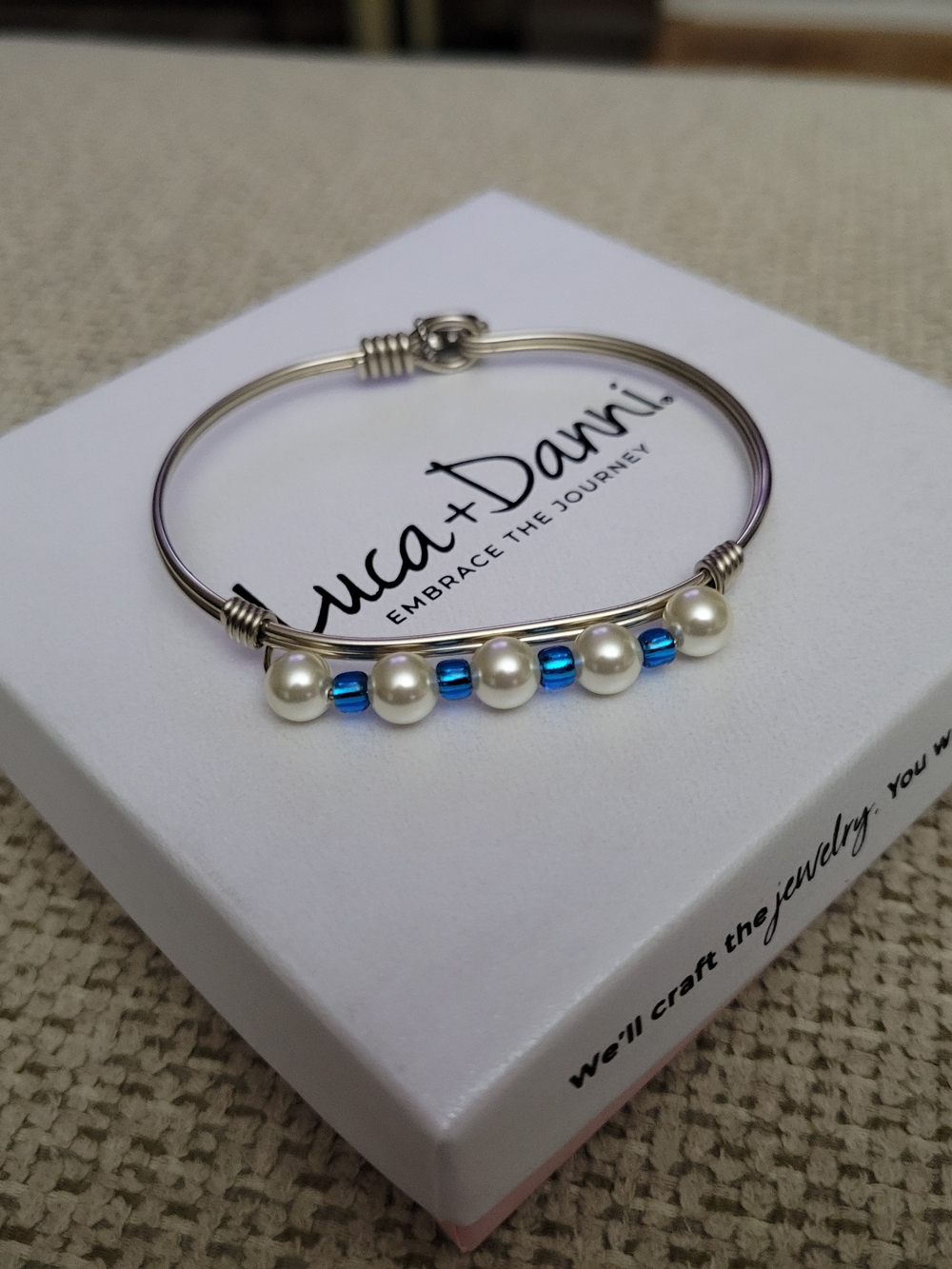 Luca + Danni White Pearl and Blue Bead Wire Bangle Bracelet